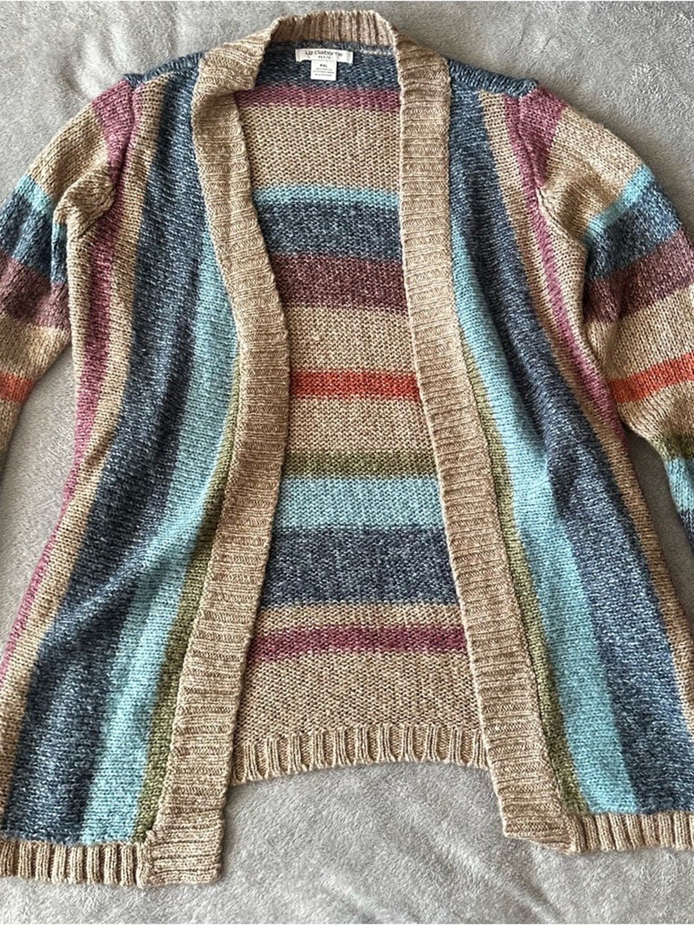 Liz Claiborne Open-Front Striped Cardigan - Tan, Blue, Rust, Pink PXL